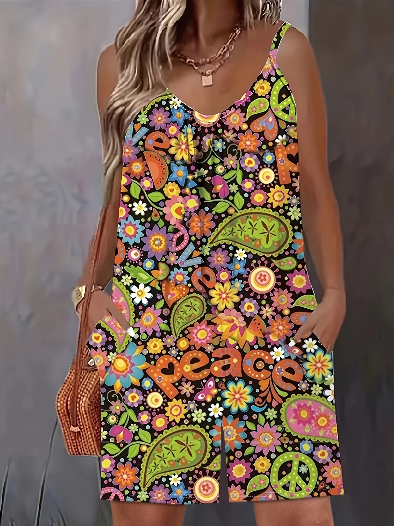 Mono sin mangas de talla grande para mujer con estampado floral y bolsillos