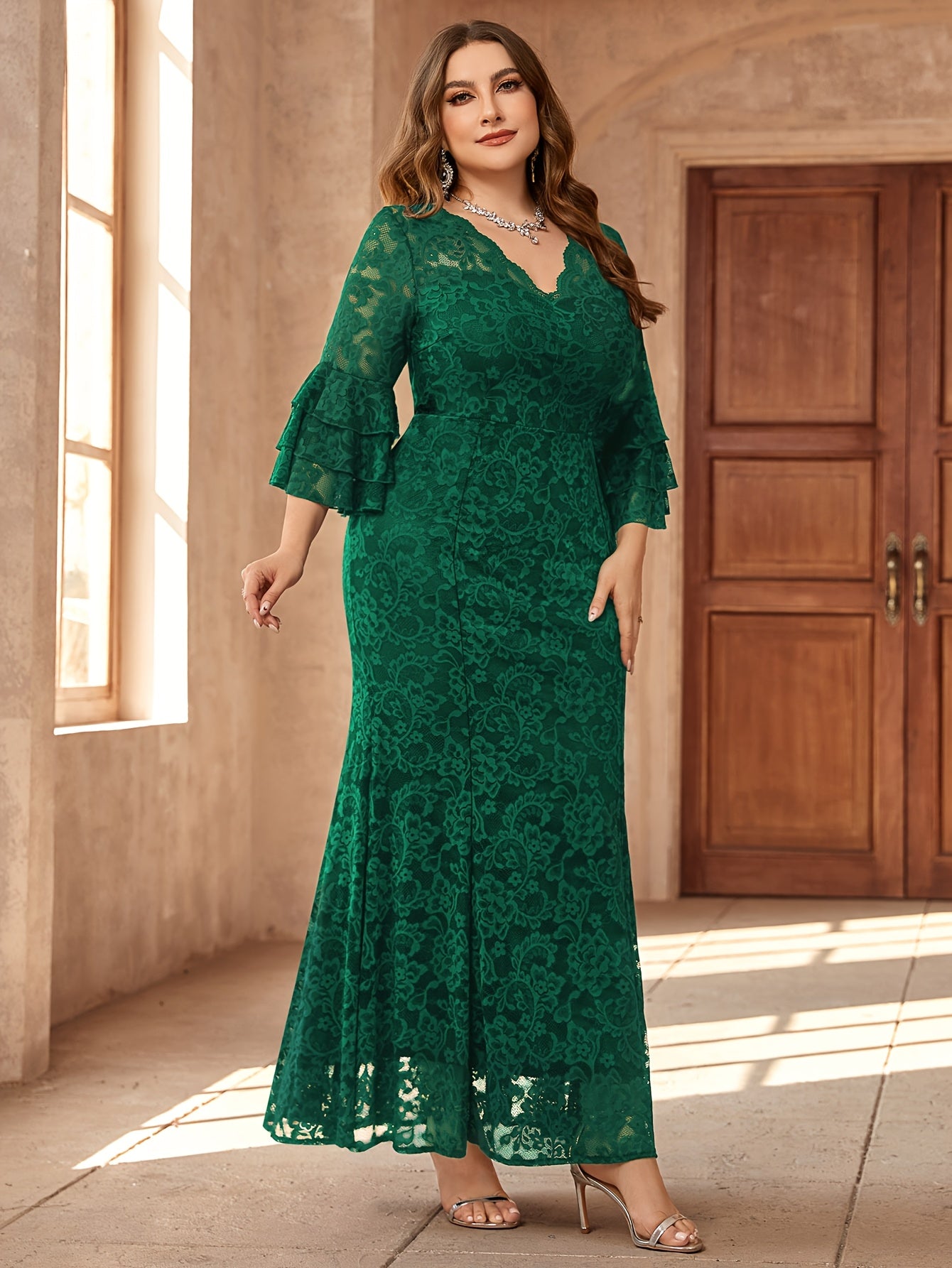 Plus Size Women’s Elegant V-Neck Long Evening Gown with Bell Sleeves