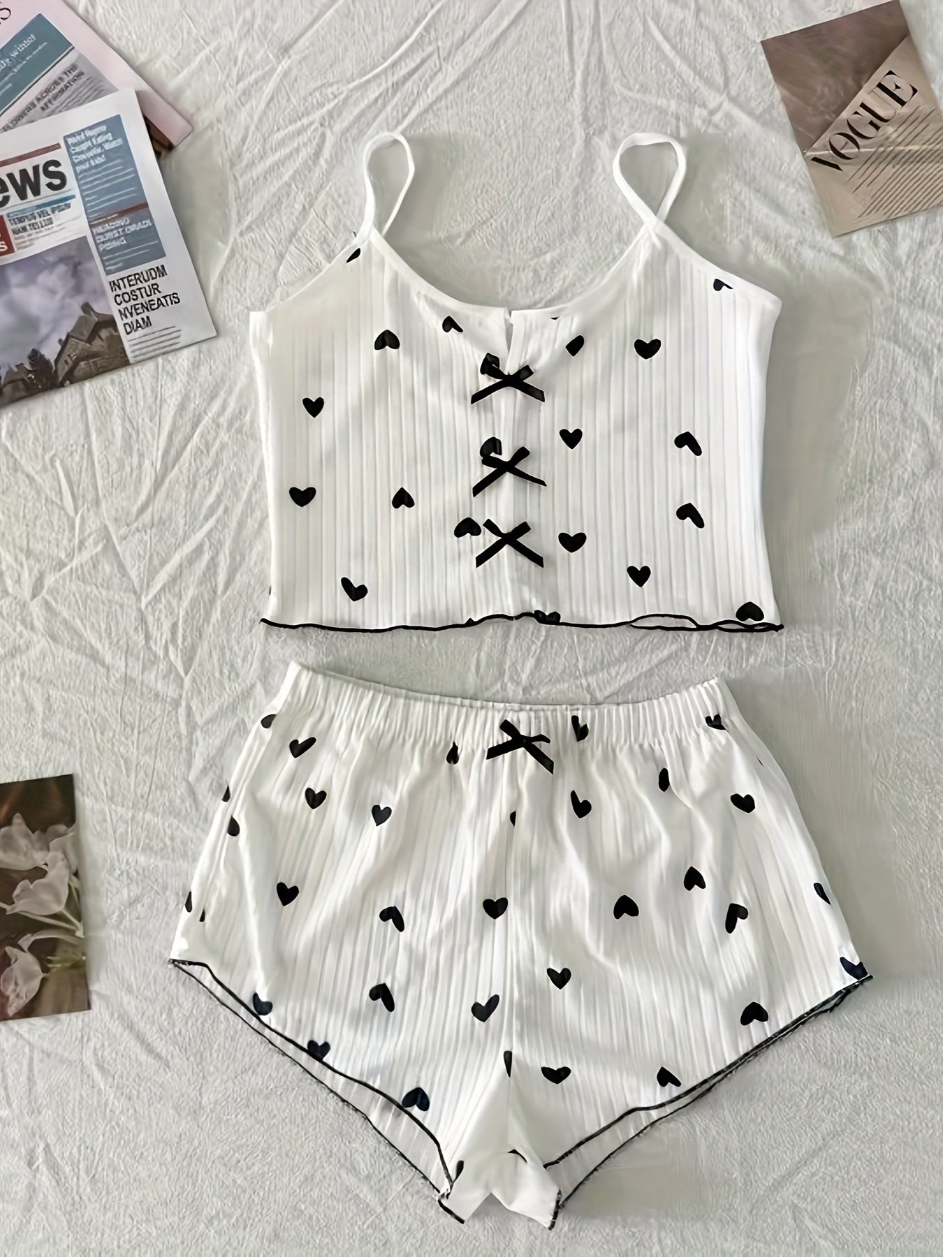 Women's Heart Print Pajama Set with Backless V-Neck Cami Top and Shorts