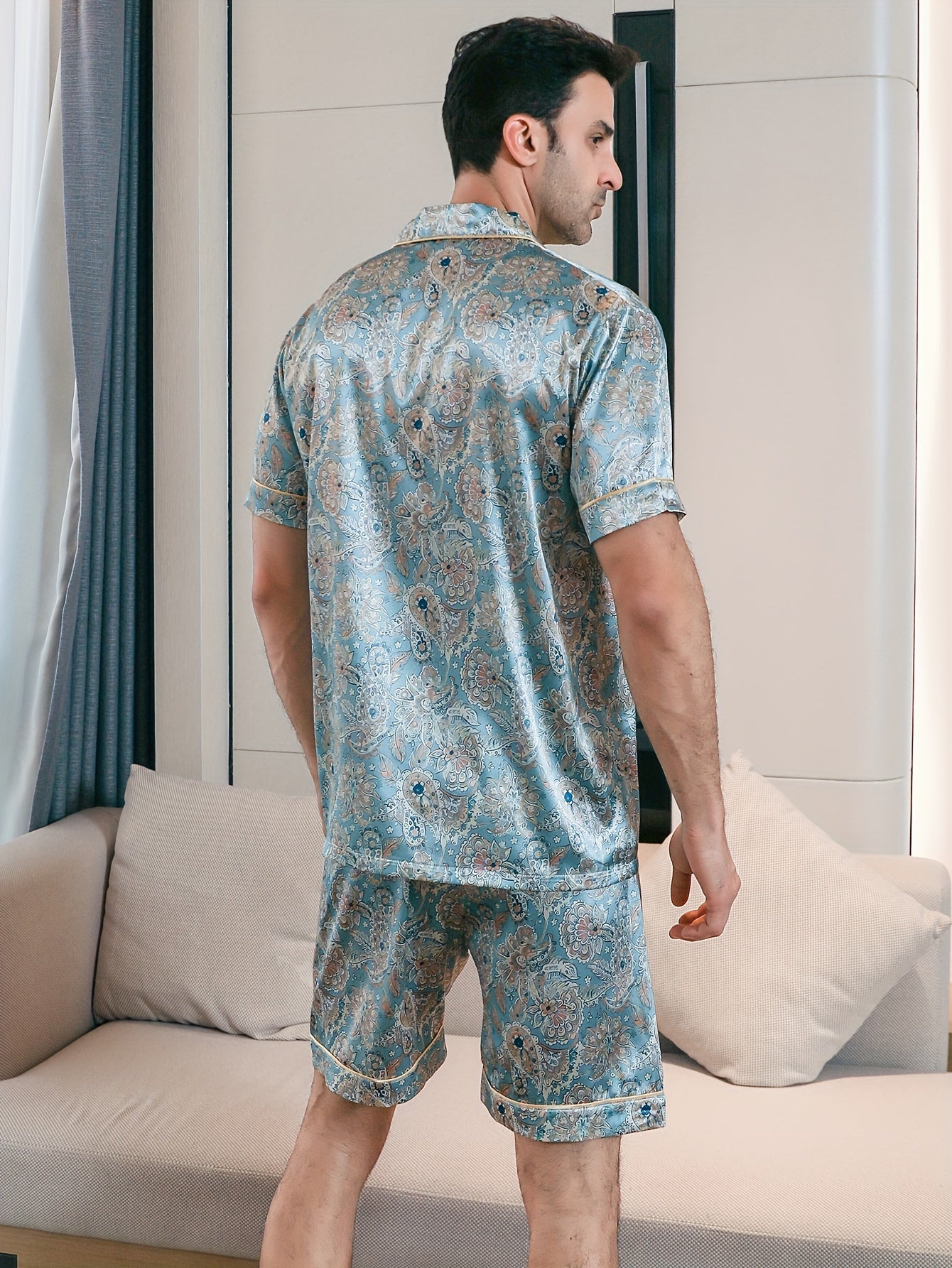 Men's Short Sleeve Floral Print Pajama Set for Summer with Polyester Fabric