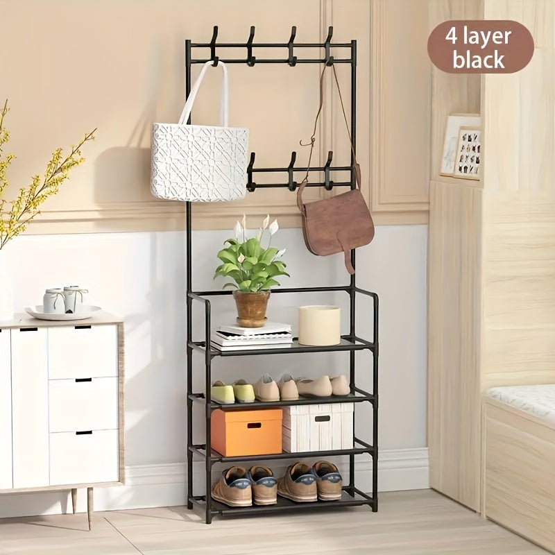 Contemporary Metal Shoe Rack with Hooks, Black or White, Easy Assembly