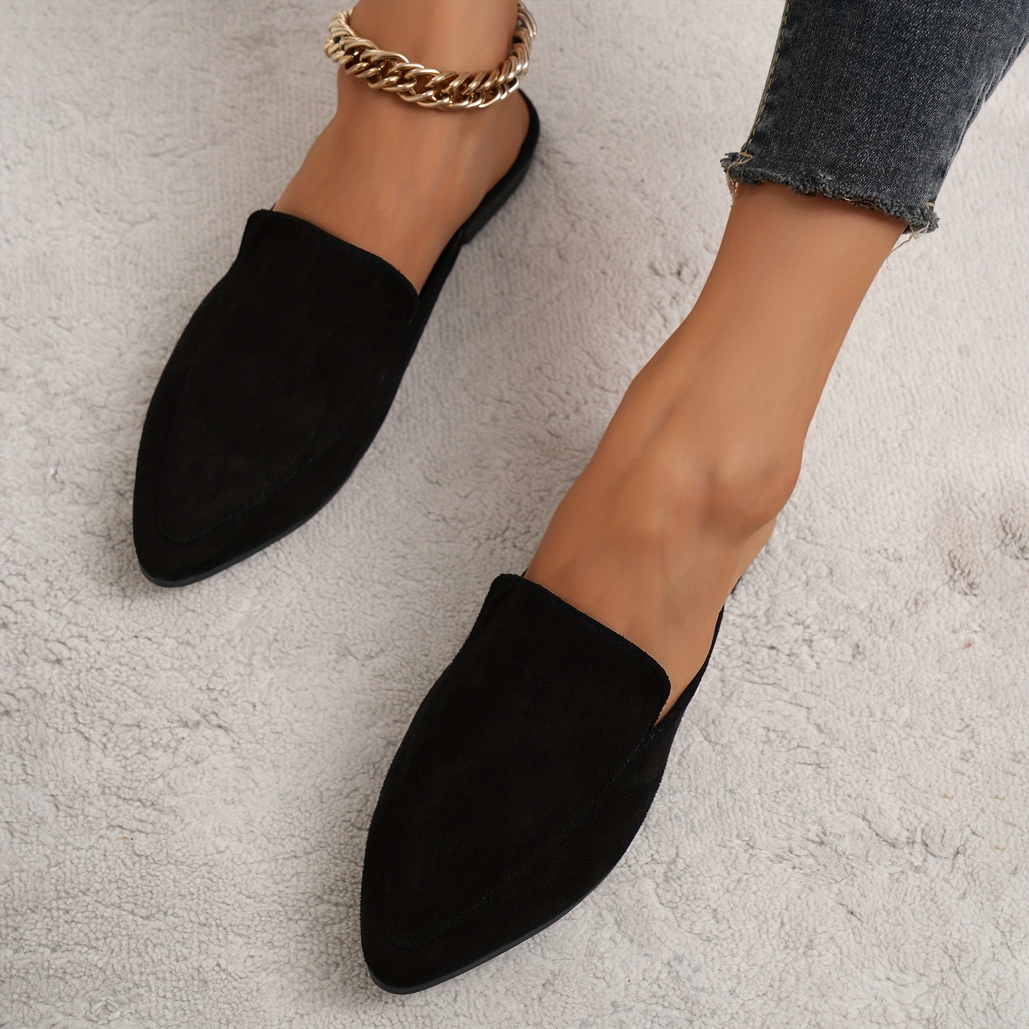 Women's Black Pointed Toe Flat Mules Shoes