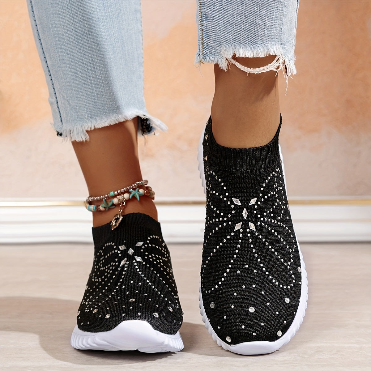 Women's Knit Slip-On Sneakers with Rhinestone Butterfly Embellishments