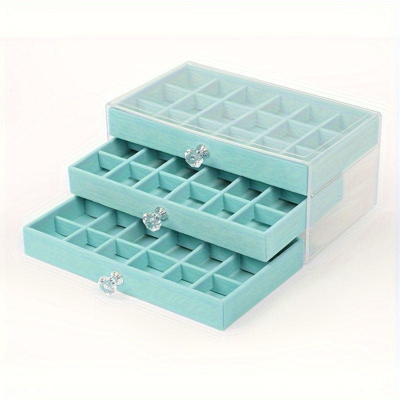 Organizador de joyas de acrílico con cajón de forro suave para collares, pendientes y anillos, azul claro y rosa