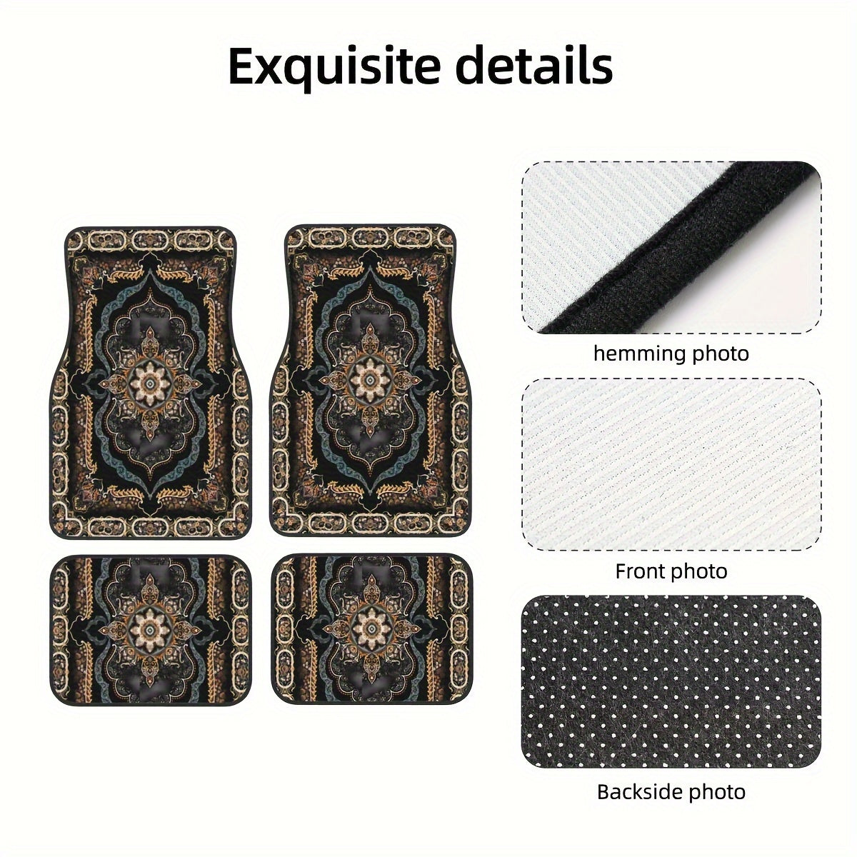 4pc Bohemian Pattern Car Rubber Mats Waterproof Non-Slip Easy to Clean Universal