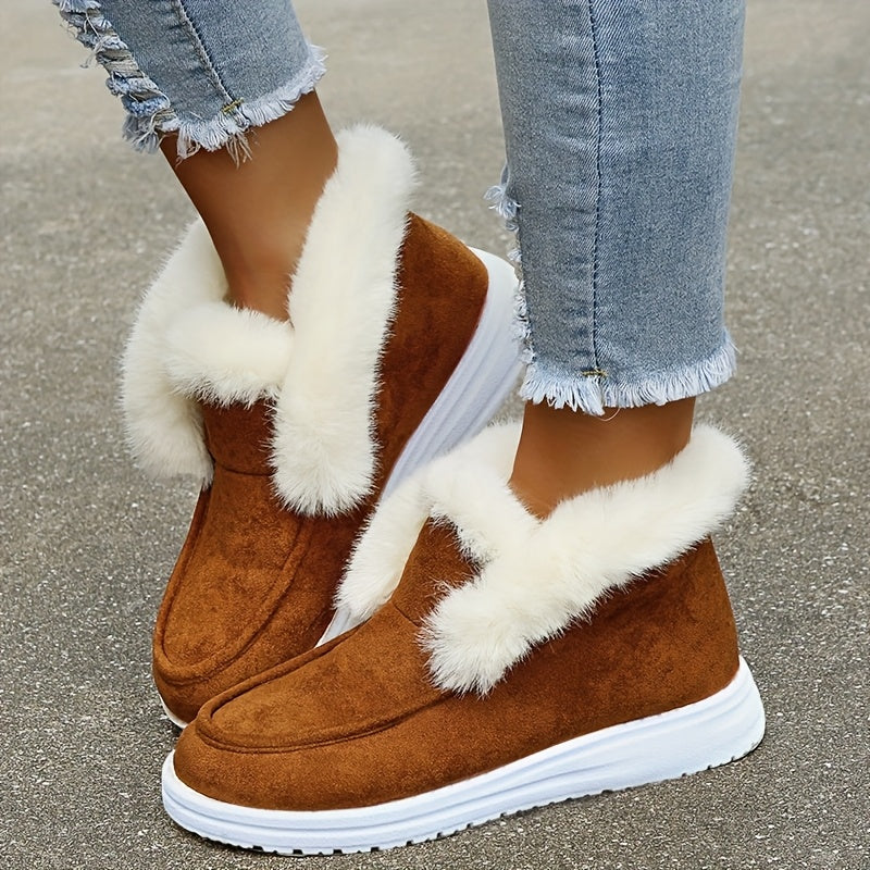 Women's Fleece-Lined Winter Snow Boots Cozy Slip-On Ankle Boots Brown