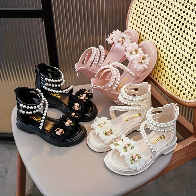 Baby Girl Sandals Open Toe Flowers Pearls Zipper Summer Casual