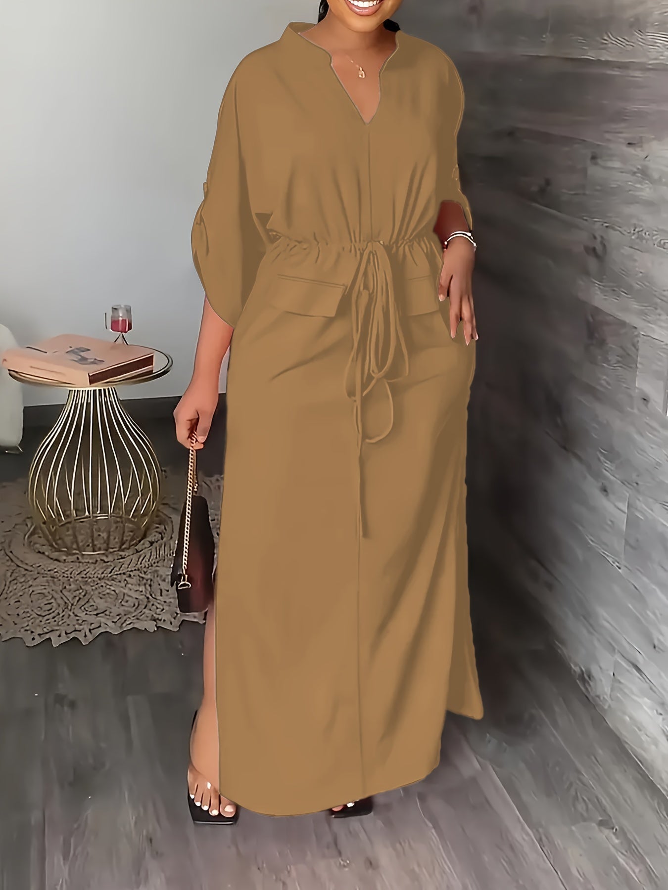 Plus Size Woven Tunic Dress with Stand Collar Side Split Solid Color for Spring Summer Fall