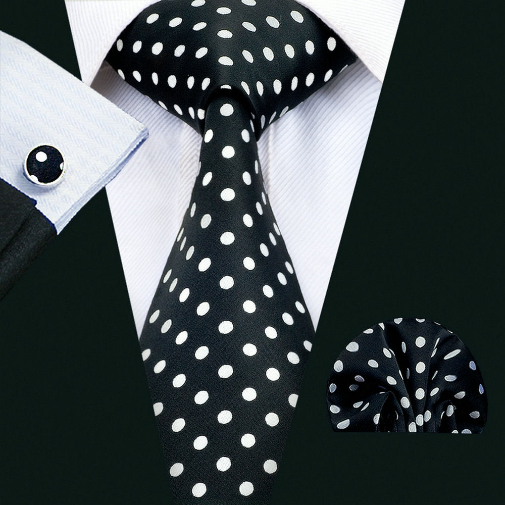 Men's Accessories Set Polka Dot Necktie Pocket Square Cufflinks Gift