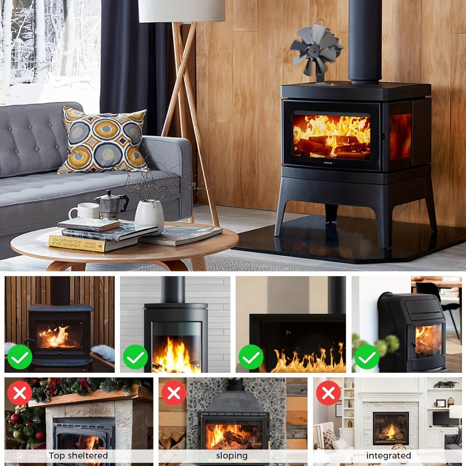 8-Blade Fireplace Fan with Built-In Thermometer for Wood Stove Heating