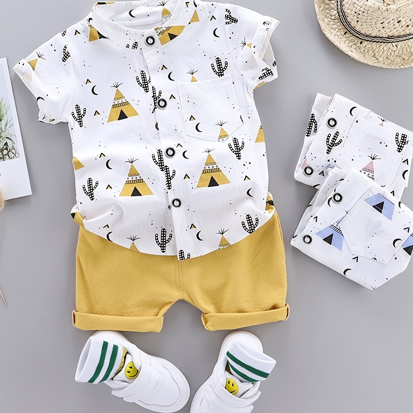 Boys Casual Set Short Sleeve Shirt and Shorts Pyramid Print Spring Summer 0-3 Years