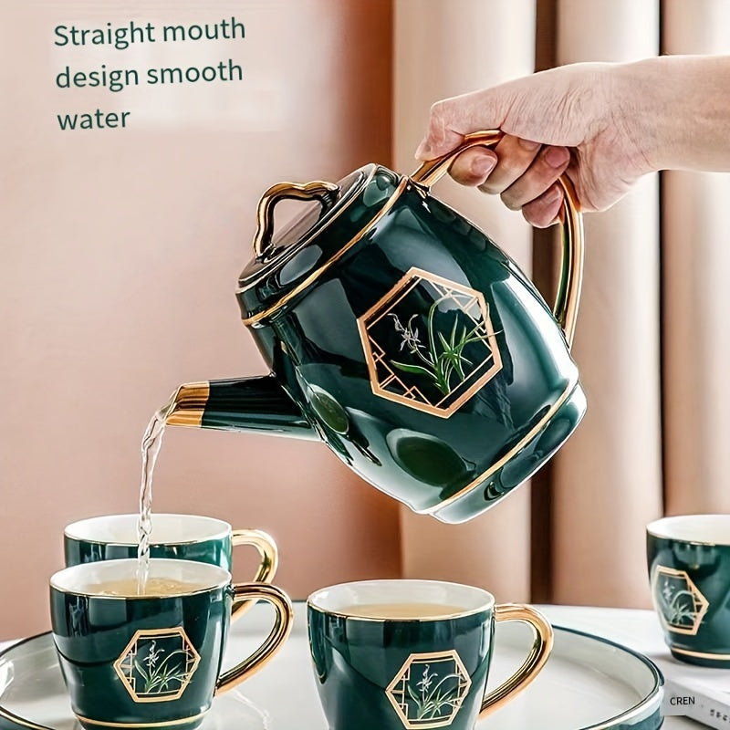 Juego de té de cerámica con tetera y tazas, apto para alimentos, gran capacidad para la merienda