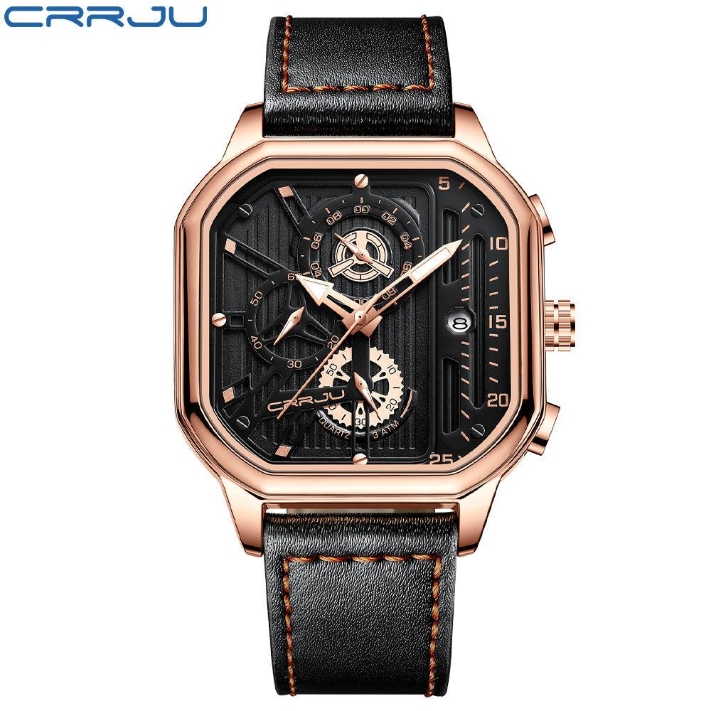 Men's Black Stainless Steel Chronograph Watch with Leather Strap