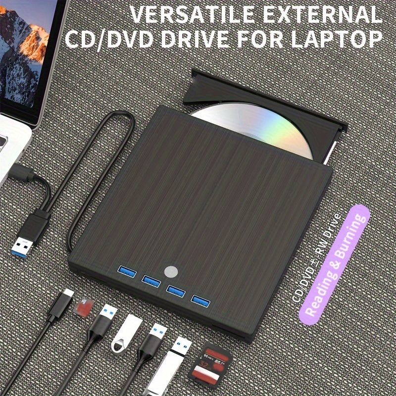Portable DVD/CD Drive with USB 3.0 and USB-C Compatibility Black 7-in-1