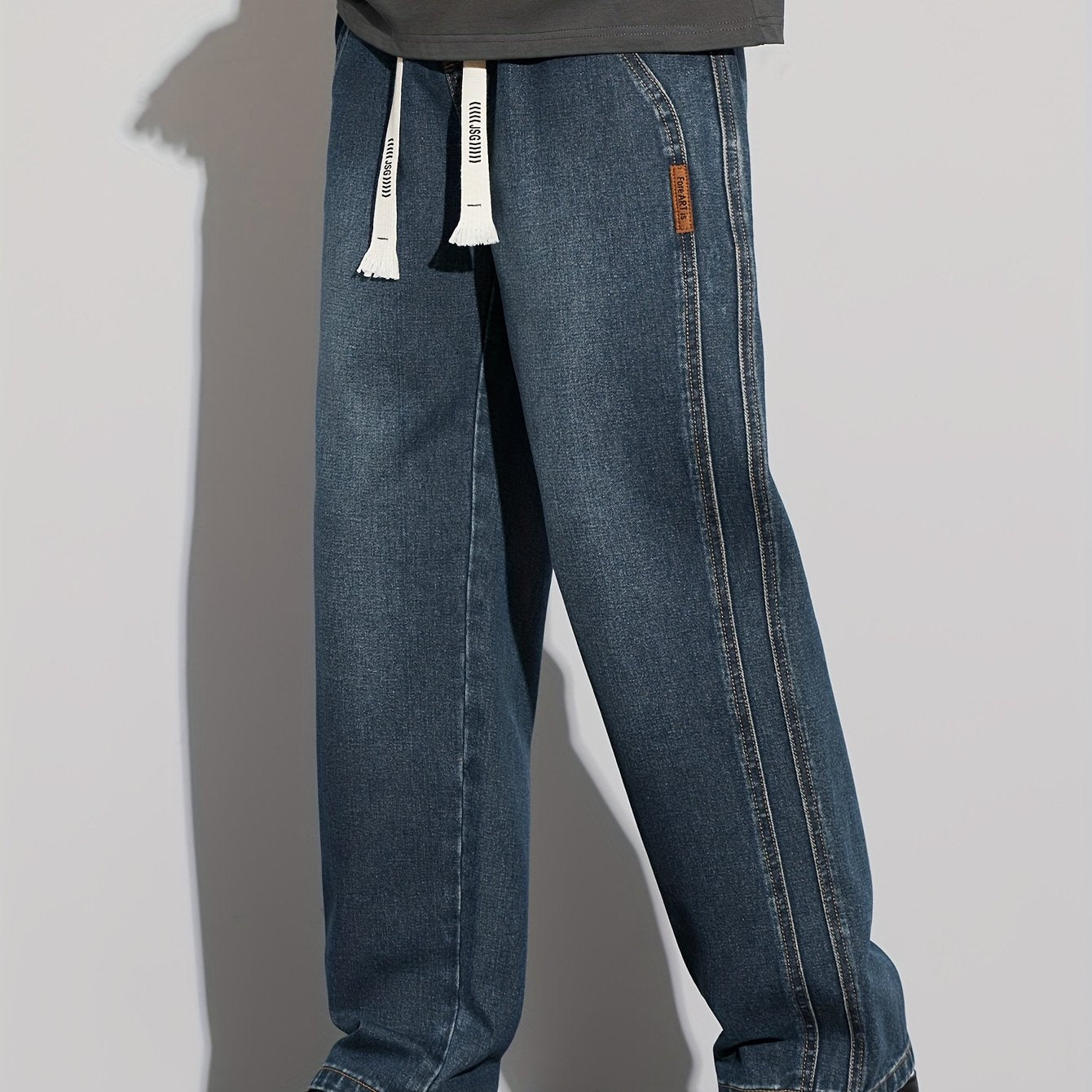 Мужские повседневные джинсы из денима свободного кроя с средней посадкой, на шнурке, для всех сезонов, из хлопково-полиэфирной смеси, однотонные