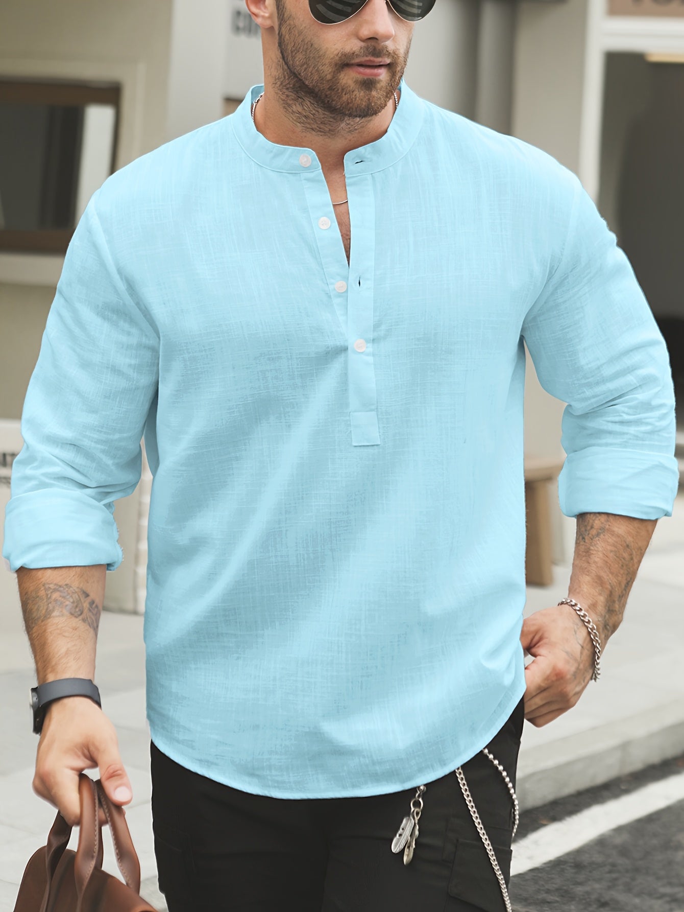 Men's Mint Green Bamboo Cotton Henley Shirt Long Sleeve Casual Summer Relaxed Fit