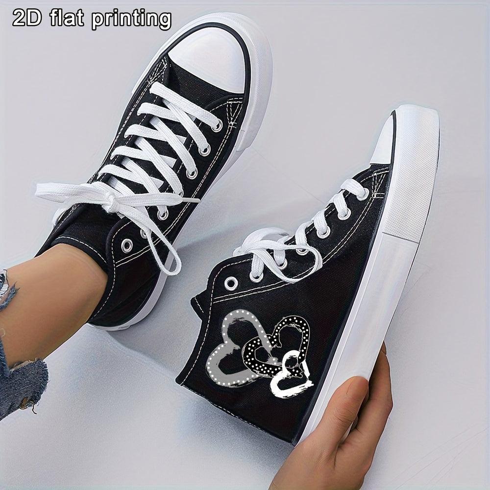 Women's Black and White Canvas Skate Shoes with Lace-Up and 2D Print