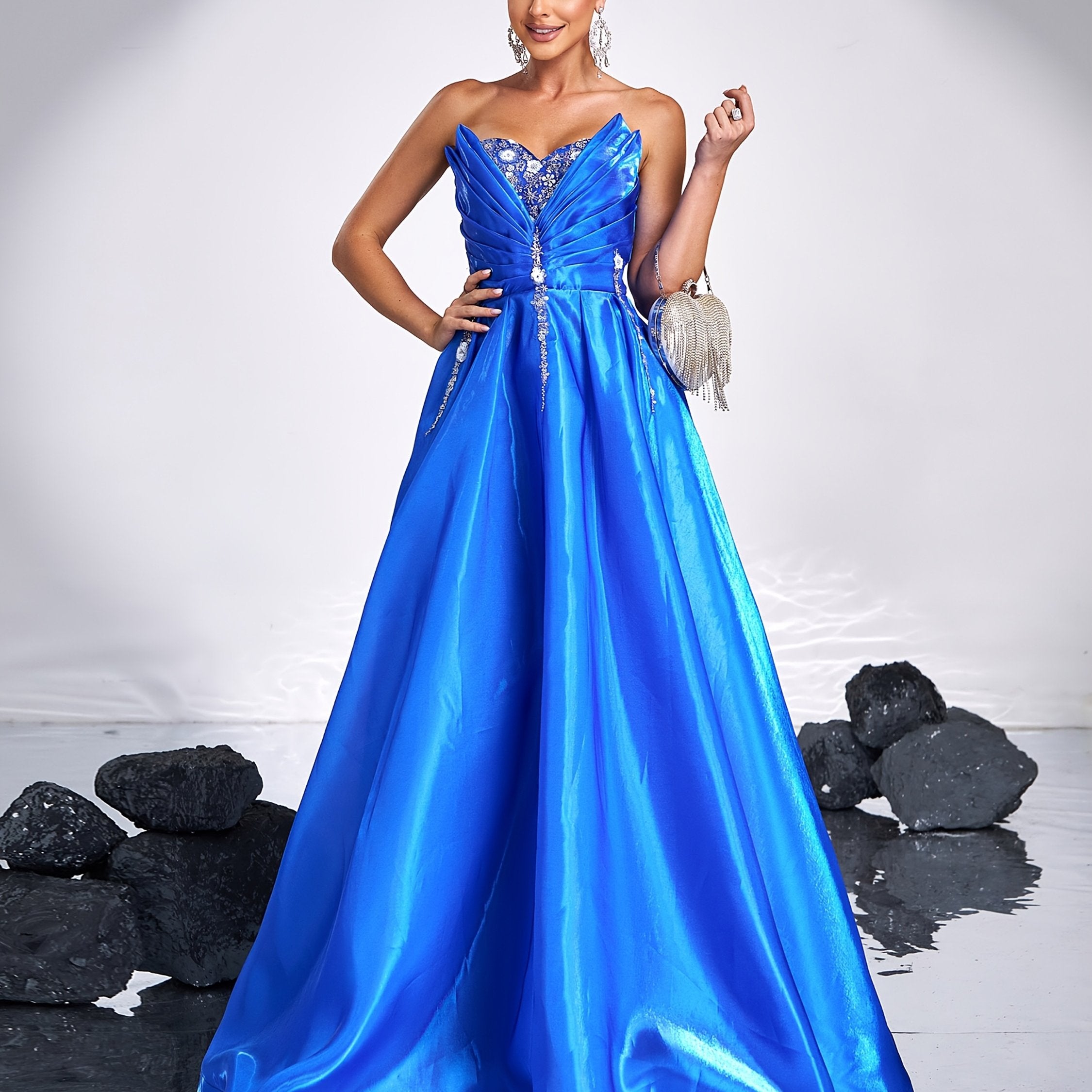 Women's Royal Blue Satin Evening Dress with Rhinestone Details and Backless Design