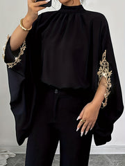 Plus Size Women's Blouse Black Puffed Sleeve Summer Casual Top