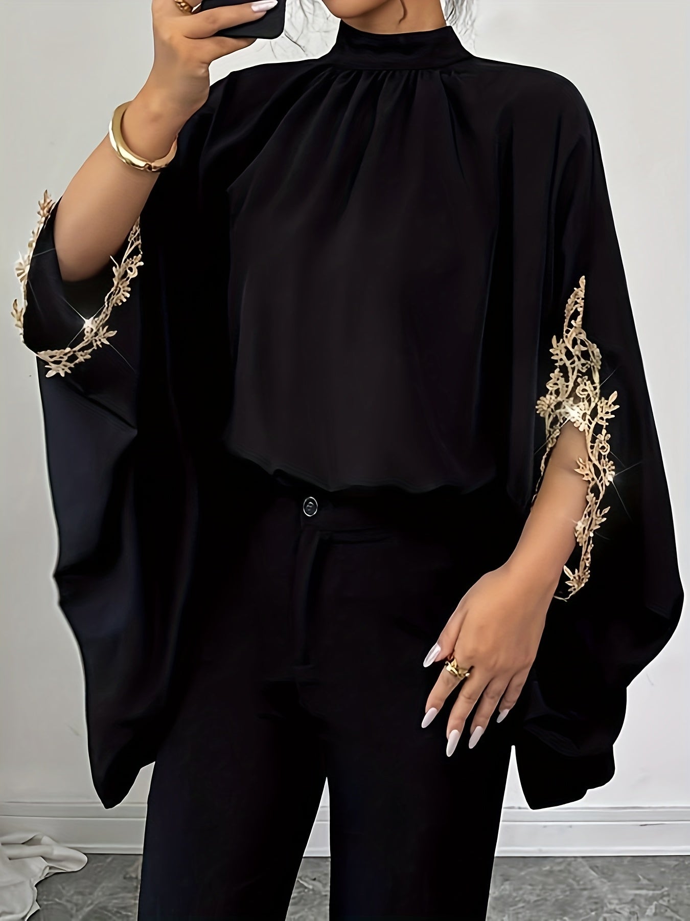 Plus Size Women's Blouse Black Puffed Sleeve Summer Casual Top