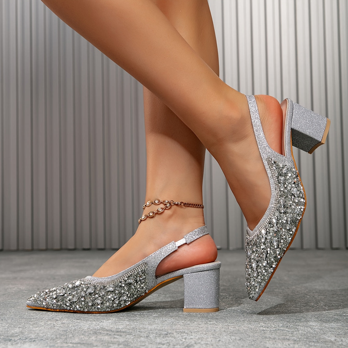 Women’s Pointed Toe Block Heel Shoes with Crystals, 5.5cm, Comfortable Insole