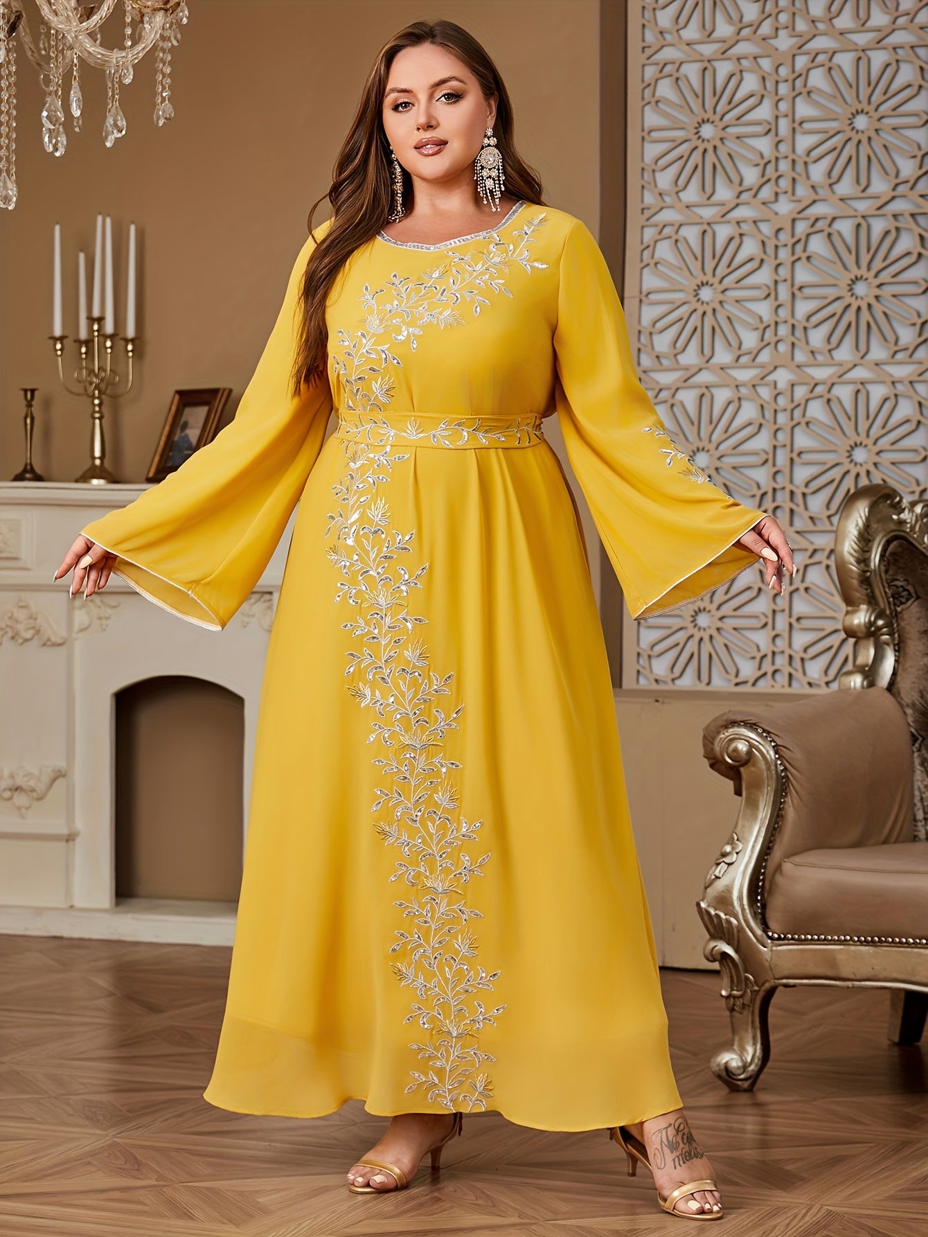 Plus Size Embroidered Kaftan Dress Navy Blue Golden Floral Formal Evening Gown