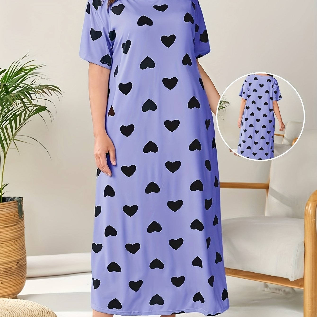 Women's Plus Size Heart Print Short Sleeve Sleep Dress