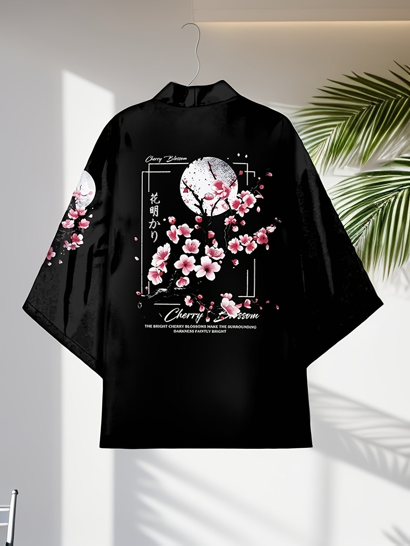 Men's Black Cherry Blossom Kimono Cardigan Open Front Floral Print Lightweight Polyester Casual