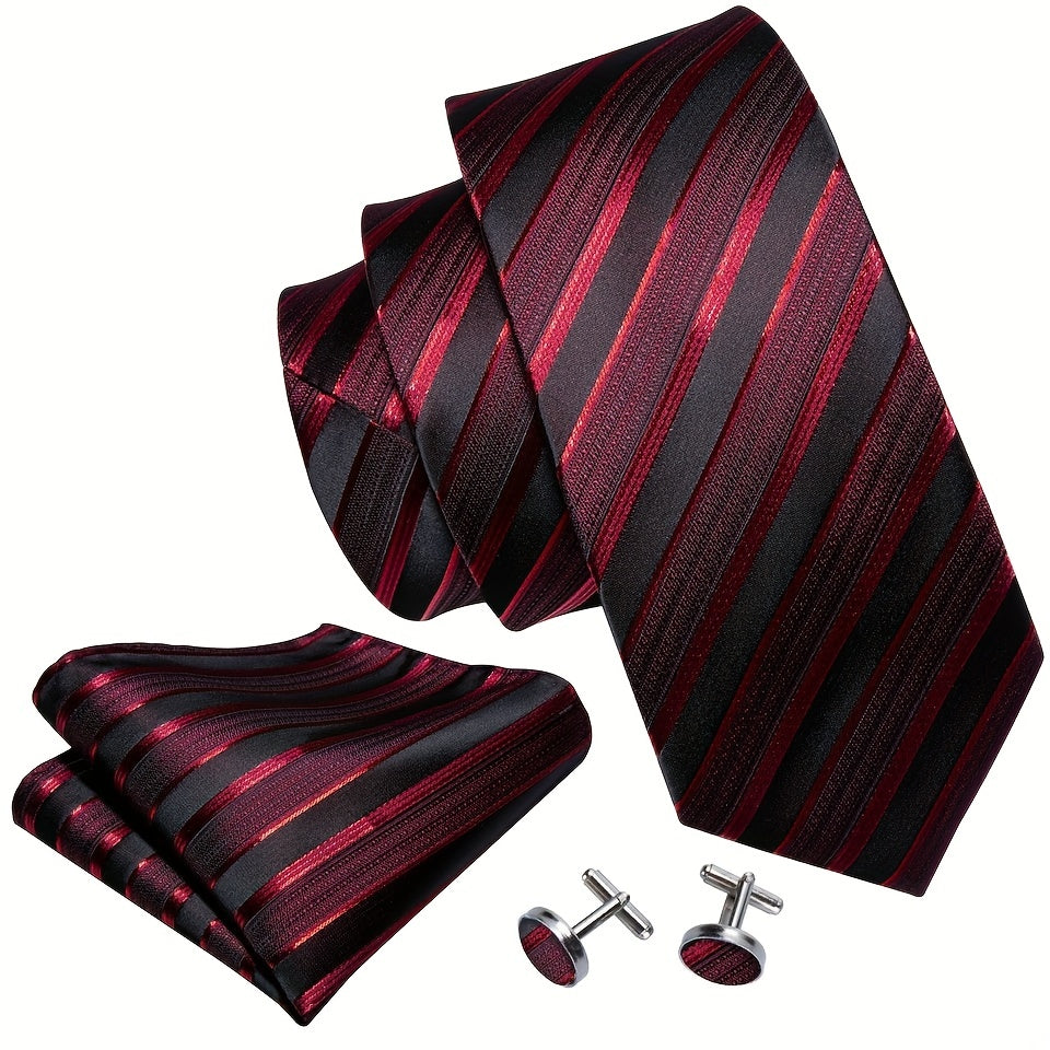 Men's Classic Striped Tie Set with Matching Handkerchief and Cufflinks for Formal and Casual Wear