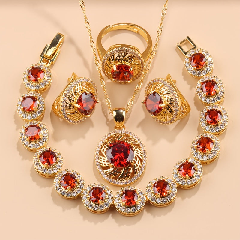 Nikoh zargarlik to'plami, 5 ta bo'lak, Kubik Sirkoniyalik taqinchoq, quloq taqinchoq, uzuk, bilaguzuk, yaproq dizayni, to'ylar va partiyalar uchun