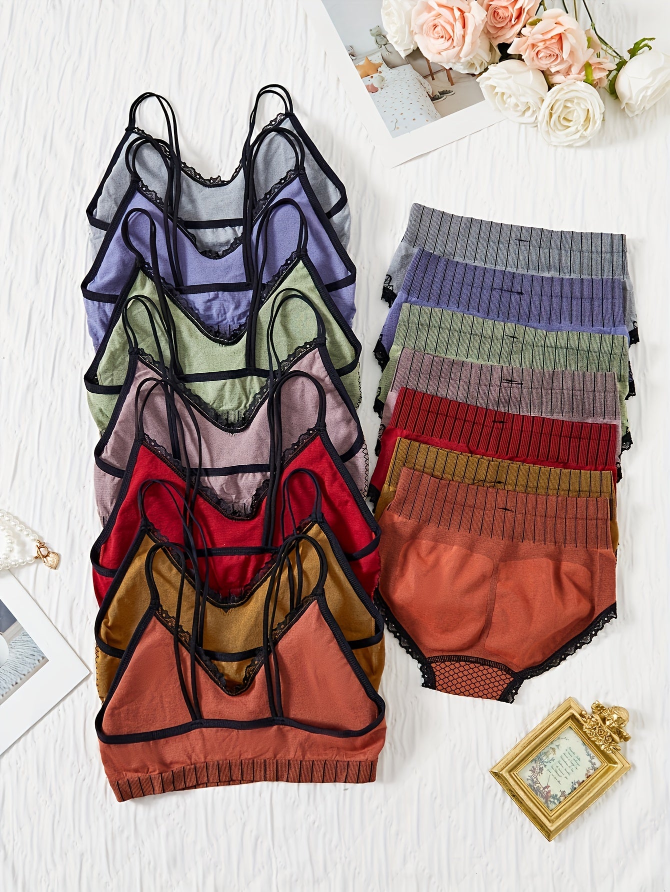 Бельевой комплект в барочном стиле для женщин с съемными подушечками и трусиками средней посадки в упаковке из 7 цветовых комбинаций