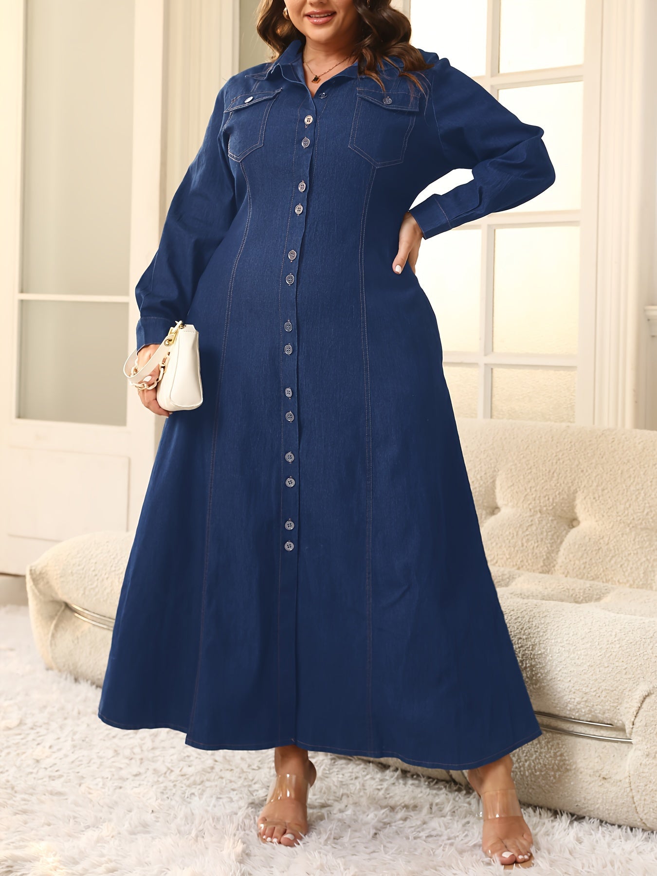 Women's Denim Dress V-Neck Fitted Long Sleeve Solid Color All Seasons