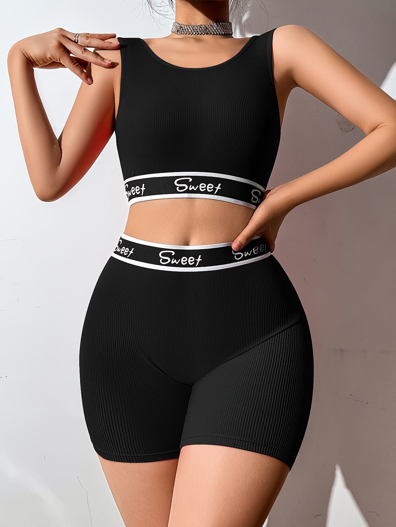 Black and White Lingerie Set for Women High-Waisted Shorts and Crop Top Bra Polyester Elastane