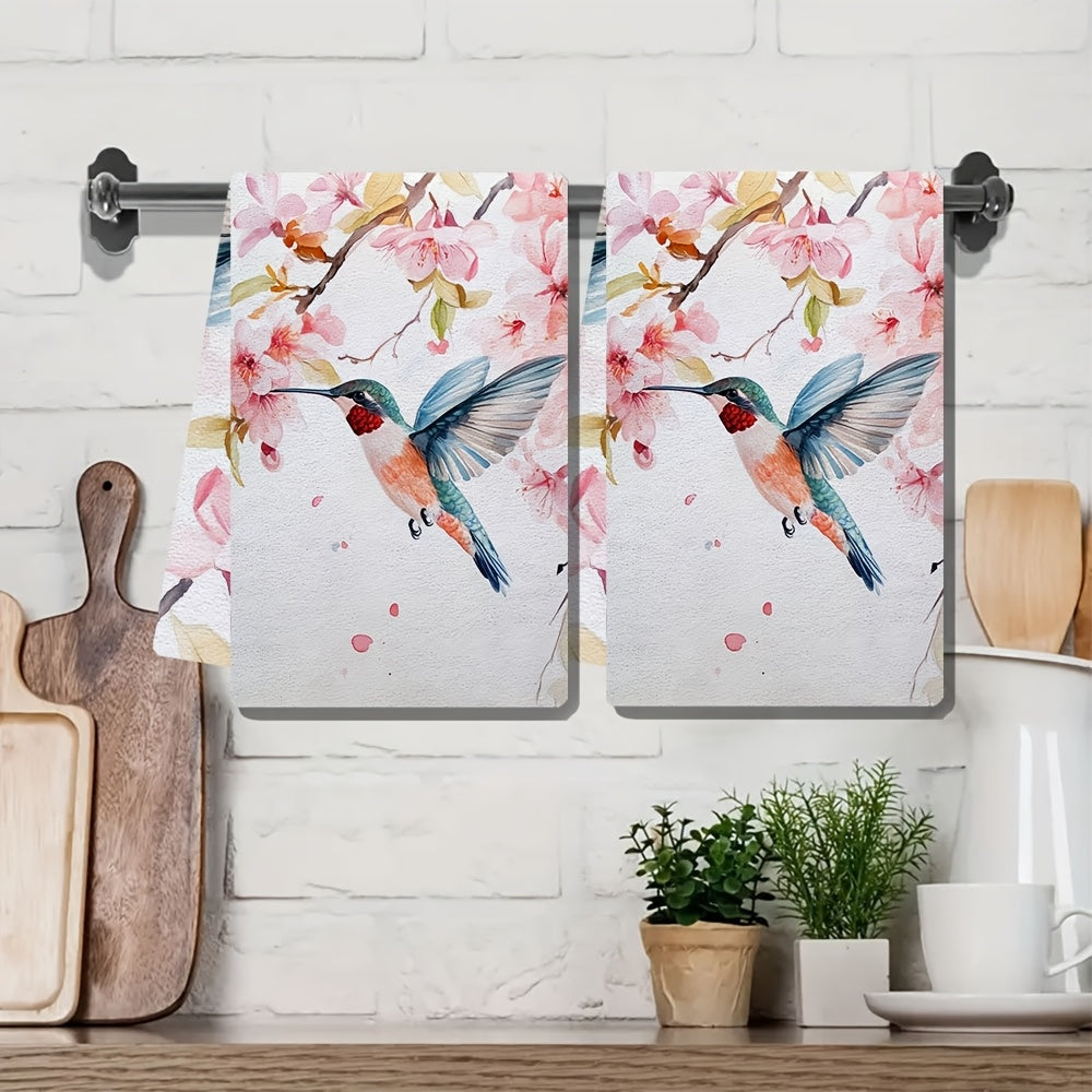 Set Of 2 Ultra Soft Kitchen Towels With Hummingbird Blossom Design 40x60cm