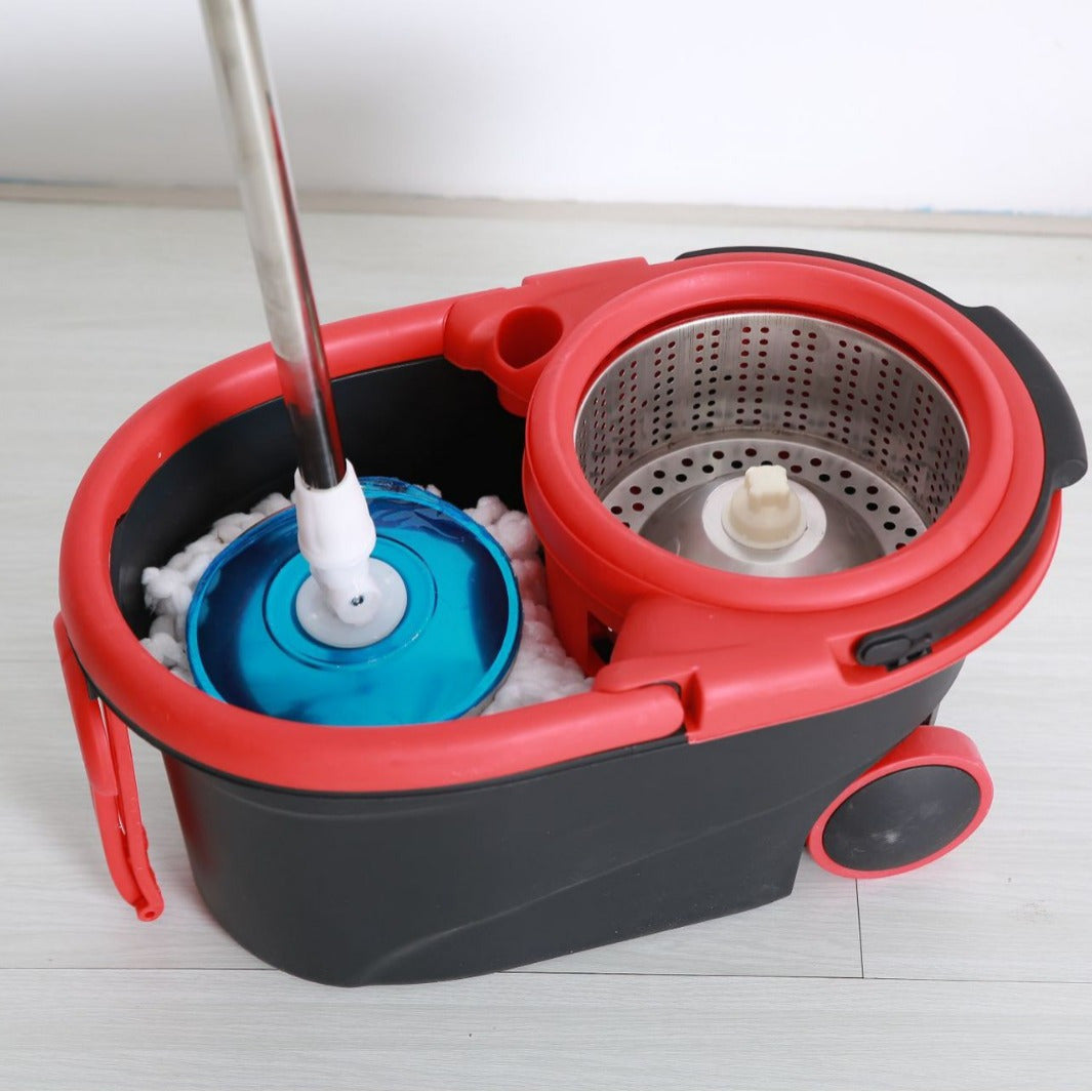 Spin Mop and Bucket Set with Stainless Steel Handle, Microfiber Heads for Kitchen Bathroom Cleaning