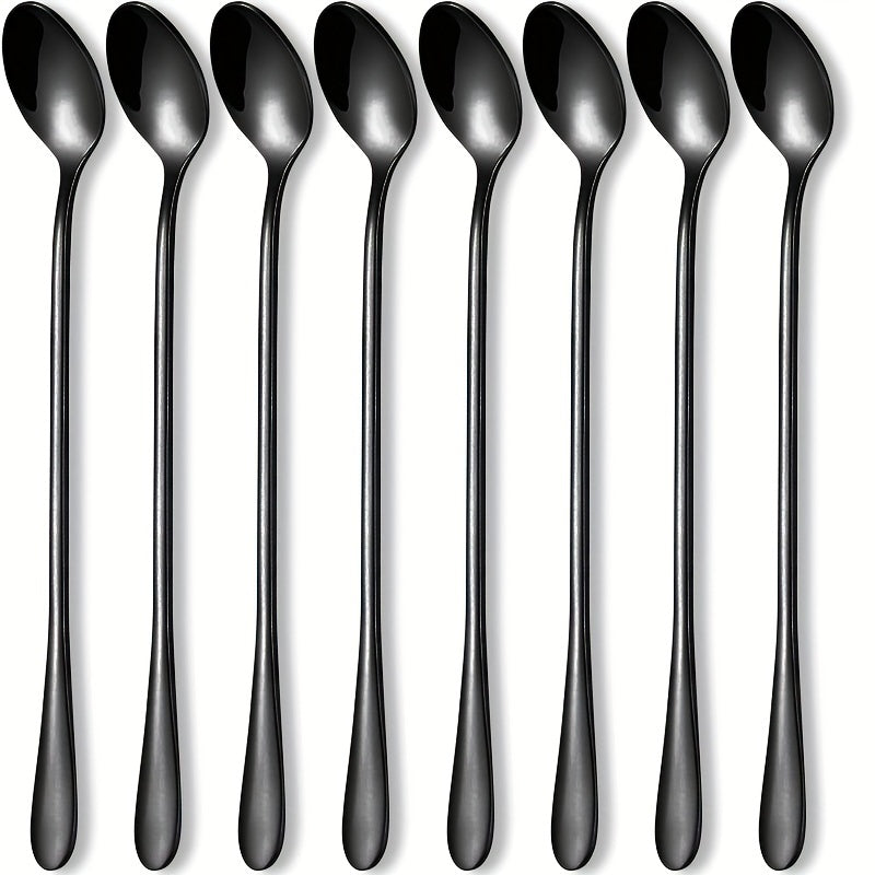 Set of 8 Stainless Steel Long-Handle Spoons for Stirring and Mixing Beverages