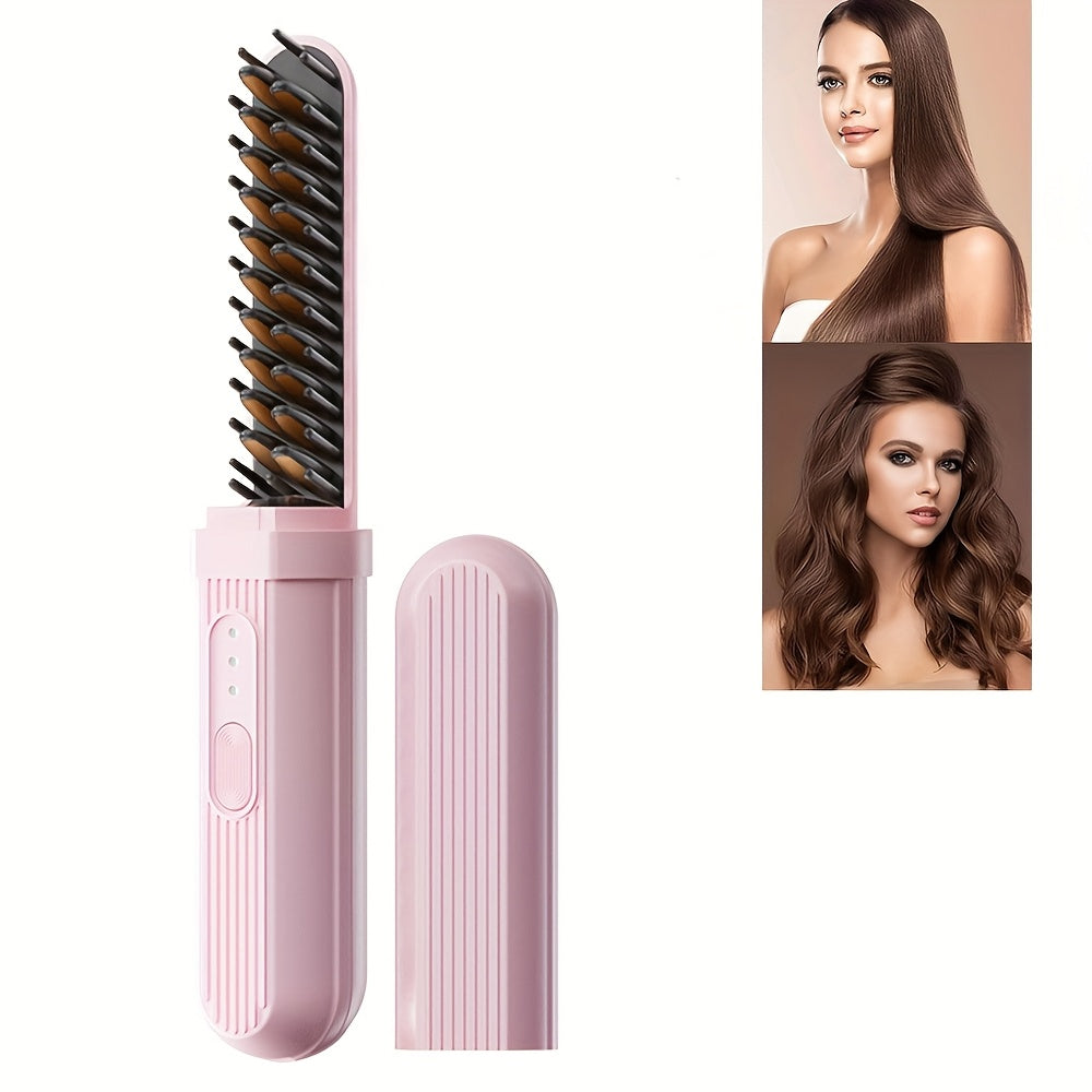 Беспроводная щетка для выпрямления волос с 3 уровнями температуры, перезаряжаемый литий-ионный аккумулятор USB-C, портативная для путешествий, двойного назначения для выпрямления и завивки