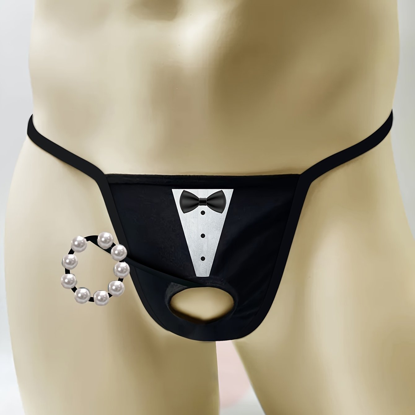 Men's Tuxedo Print Thong with Beaded Chain Detail Sexy Lingerie Medium Stretch Knit Costume Accessory