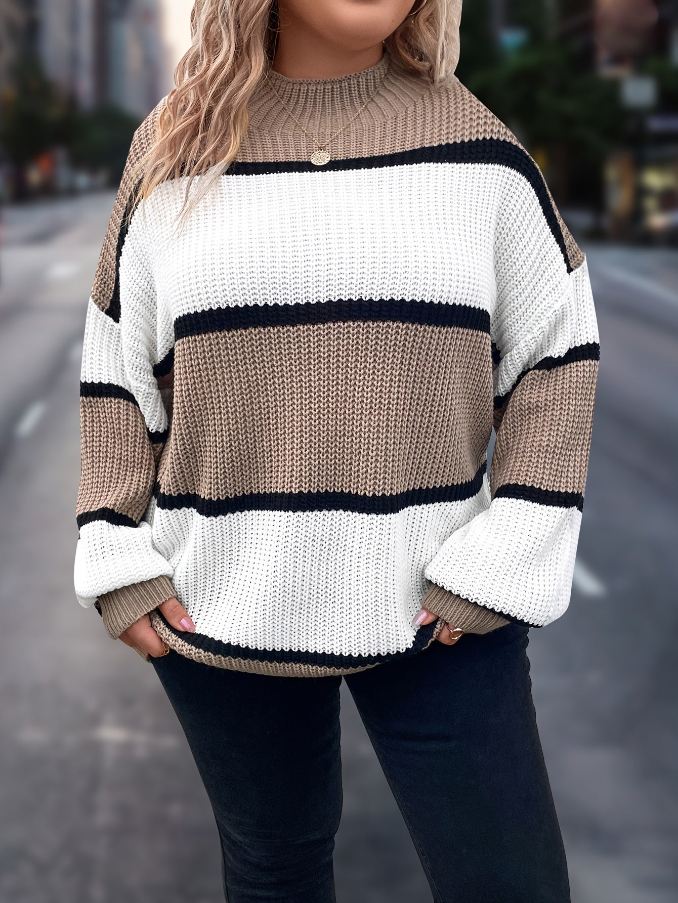 Plus Size Women's Striped Knit Sweater Long Sleeve Mock Neck Fall Winter