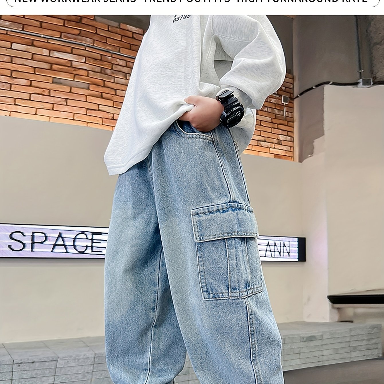 Мальчики Классические джинсы из денима с эластичным поясом, карманами, повседневные для всех сезонов