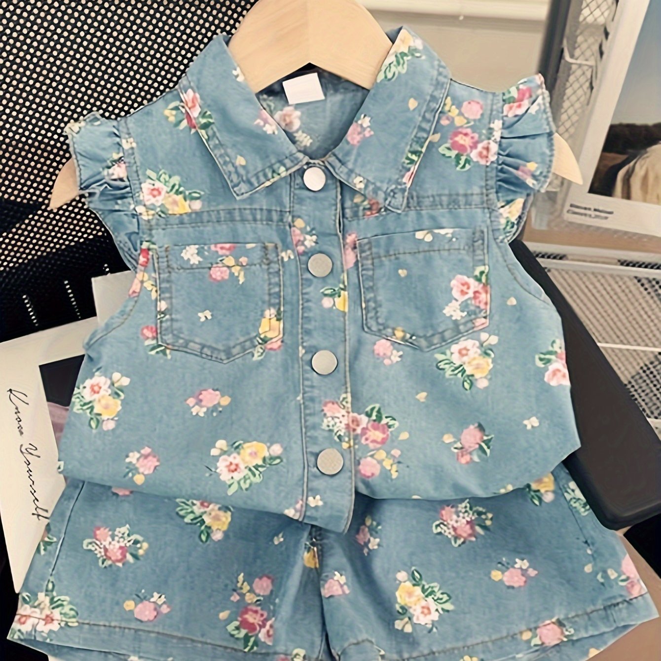 Kids' Denim Outfit Set with Floral Print Short Sleeve Top and Shorts for Toddlers and Children 3-8 Years