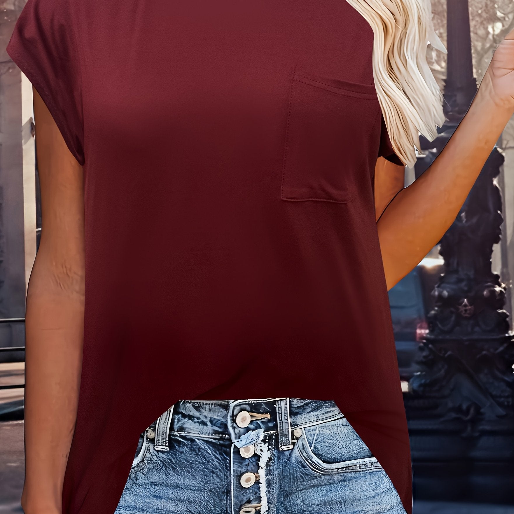 Plus o'lchamli ayollar uchun qisqa sleeve top, cho'ntaklar bilan, kundalik shik va to'liq rang