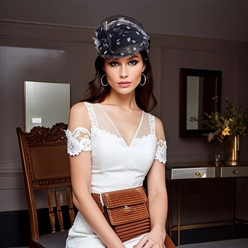 Wide-Brim Headband with Polka Dot Mesh and Bow for Summer Events