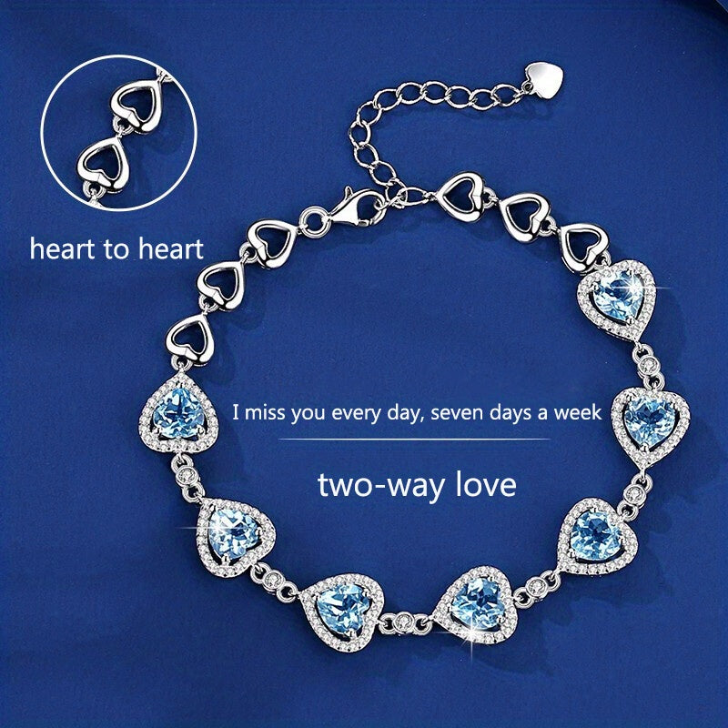 Sterling Silver Heart Charm Bracelet Cubic Zirconia Wedding Gift for Women