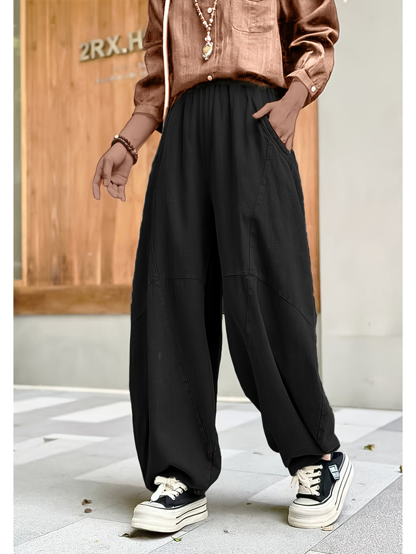 Women's Black Harem Pants with Elastic Waist and Side Pockets
