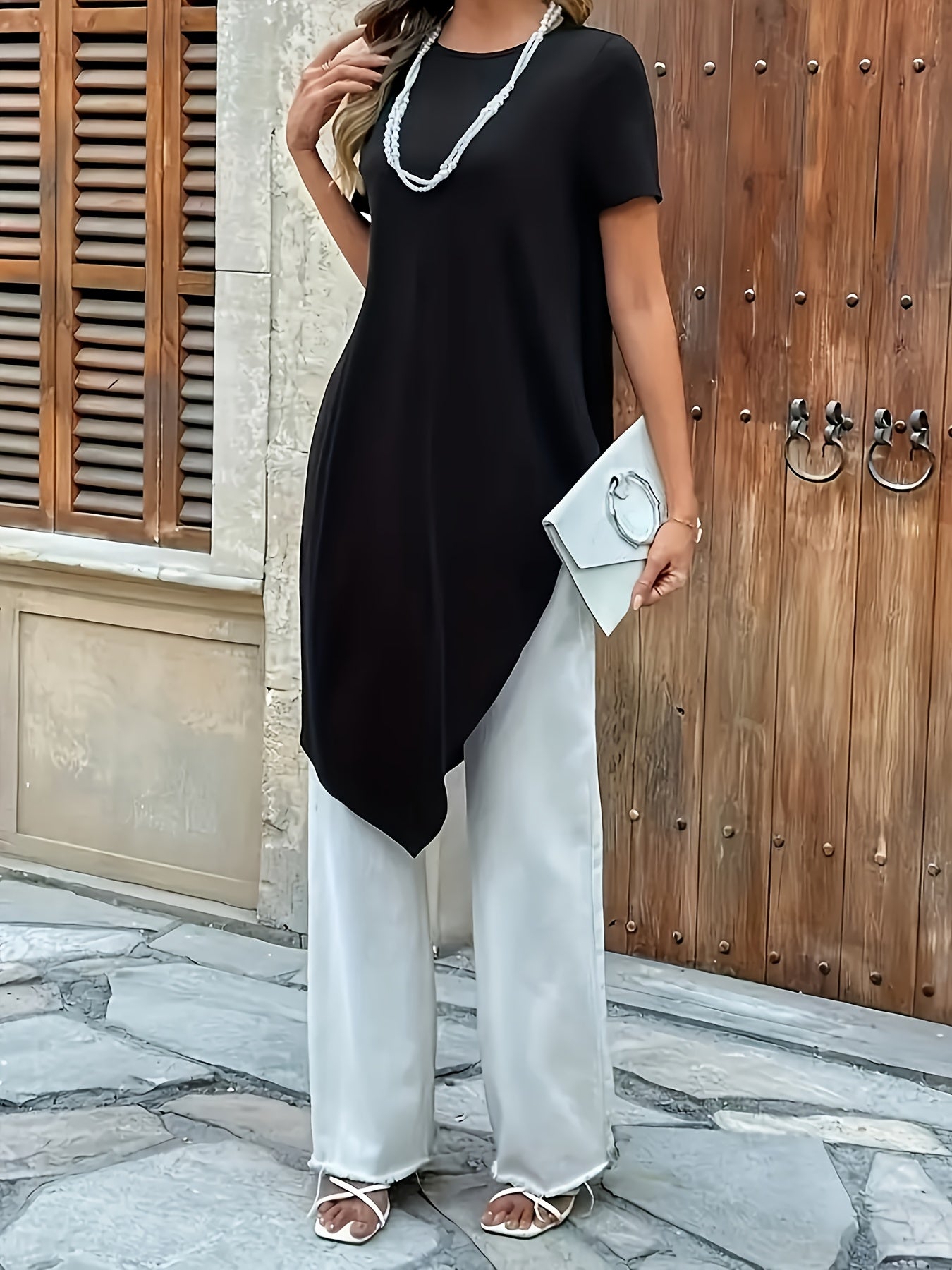 Plus Size Women's Summer Casual Longline T-Shirt Black Short Sleeve Breathable