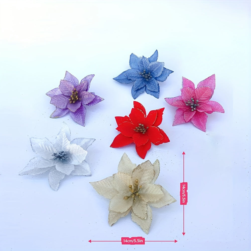 Set of 10 Glittery Artificial Christmas Flowers for Tree Decoration 14cm