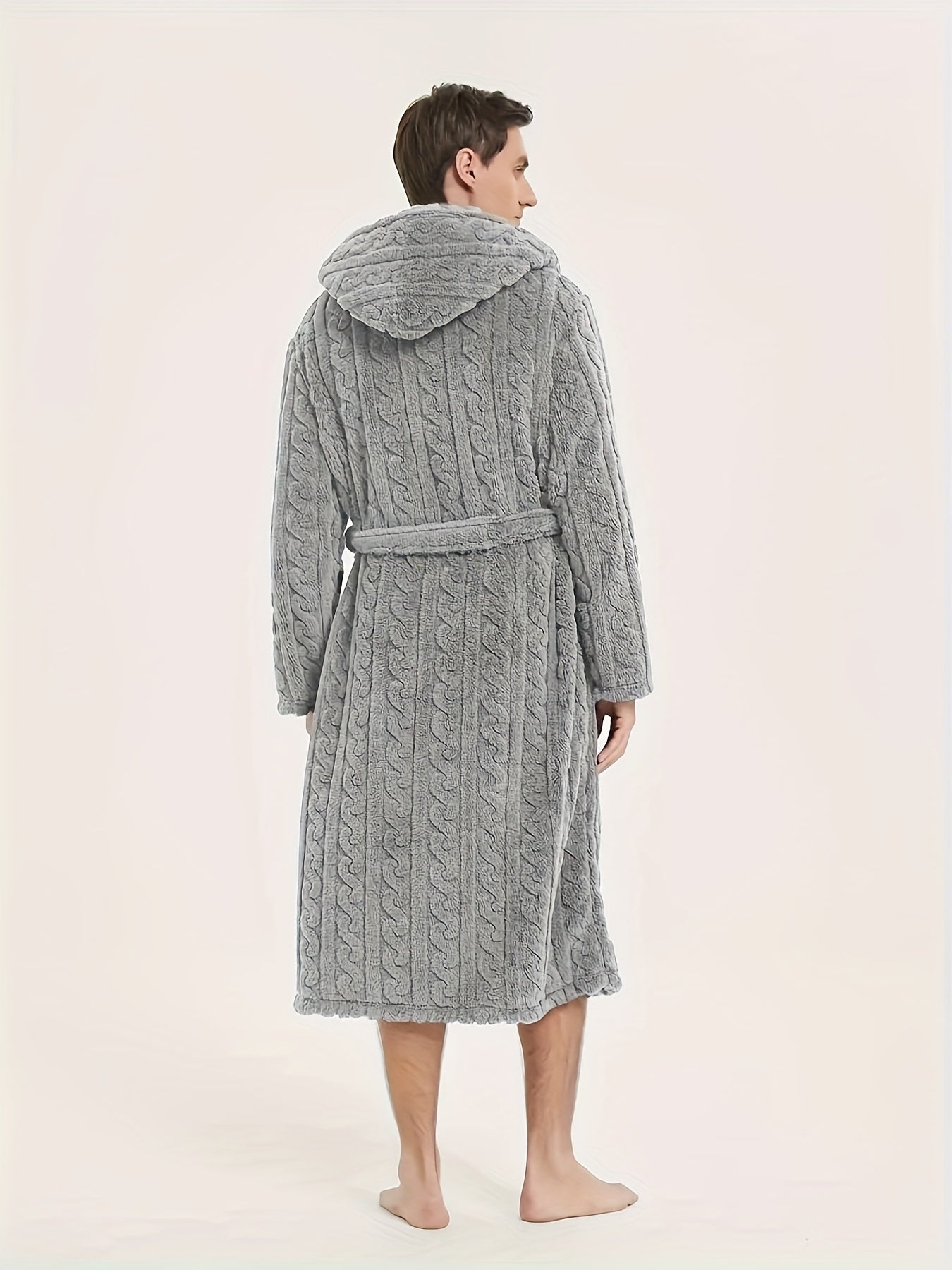 Men's Fleece Hooded Robe with Belt for Home and Hotel Use Fall Winter Casual