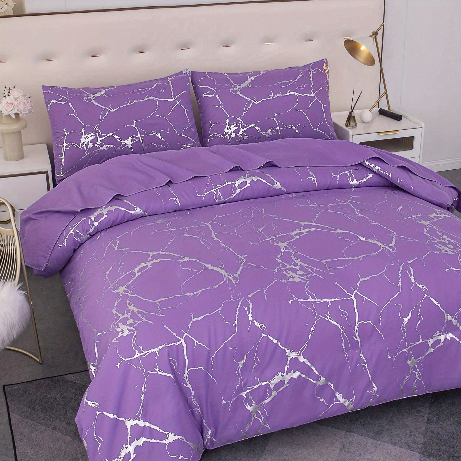 Elegant Marble Pattern Bedding Set in Pink Gray Green Blue Purple Washable Ultra-fine Fiber Duvet Cover 2-3 Piece