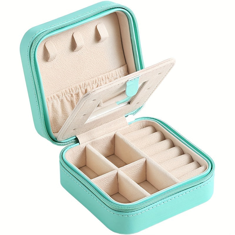 Organizador pequeño de joyas con espejo y cierre de cremallera para viaje, con tres capas y múltiples compartimentos